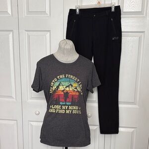Eastern Mountain Sportd Women's Hiking Pants and Graphic T-shirt Camping Outfit